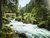 Wild fließender Fluss in dichtem Bergwald mit Holzbrücke