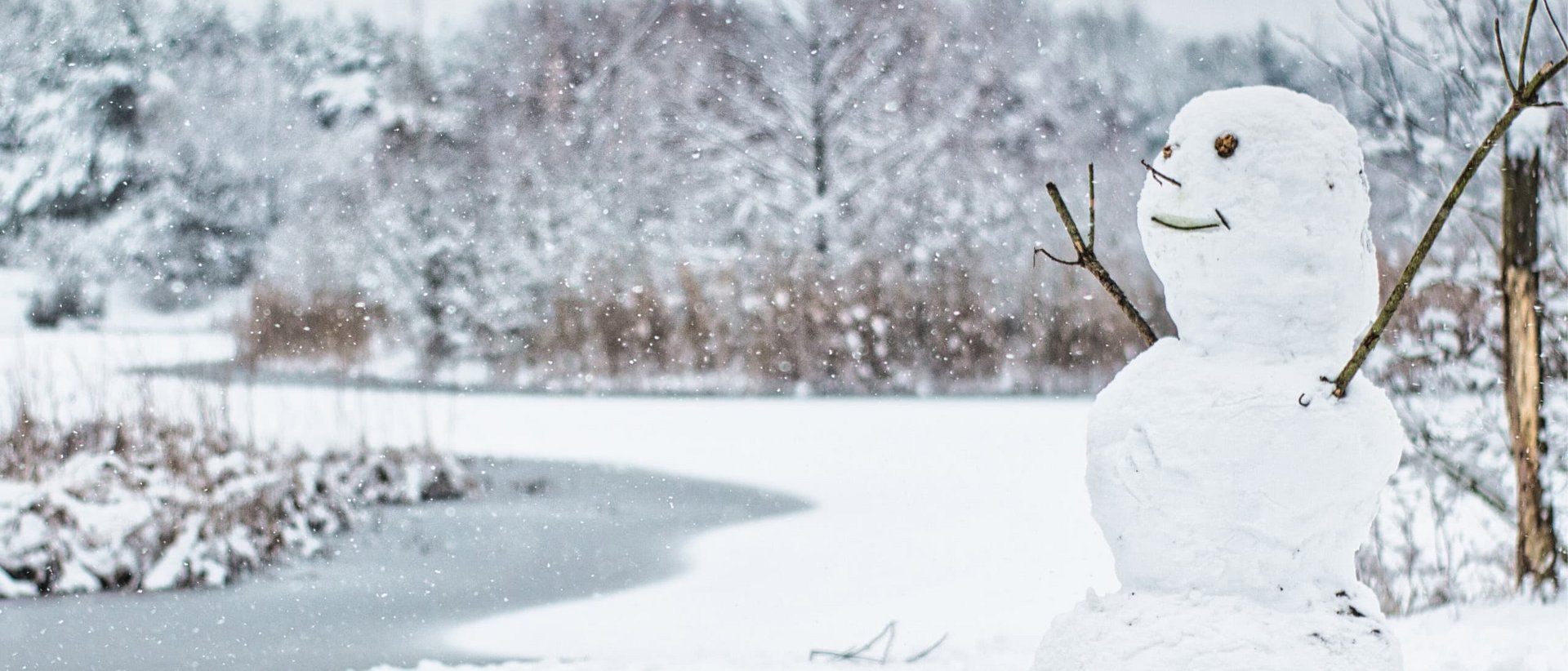So zaubern Sie den perfekten Schneemann in unserem Garten Schneemann steht im verschneiten Landschaftspark mit schneefall und gefrorenem See