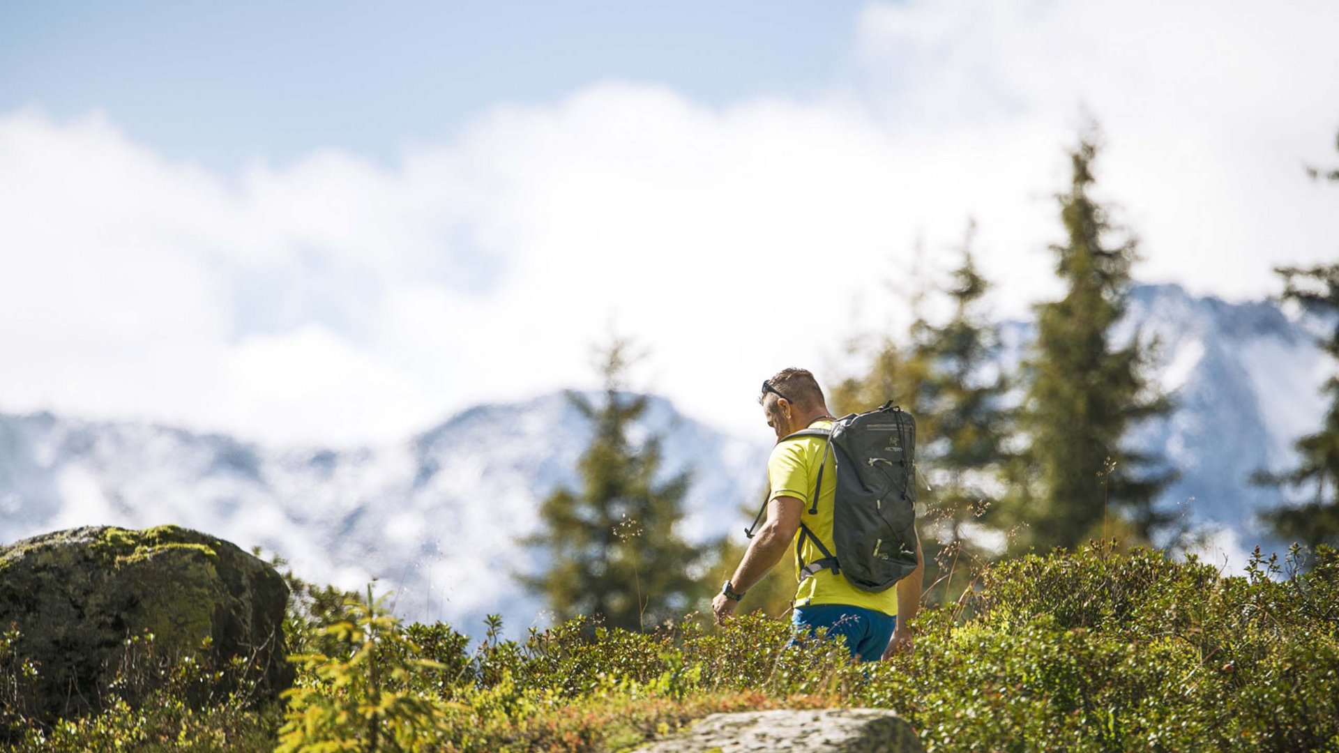Stubaital: Hiking in summer Hiker with backpack in green mountain landscape with snow-covered peaks