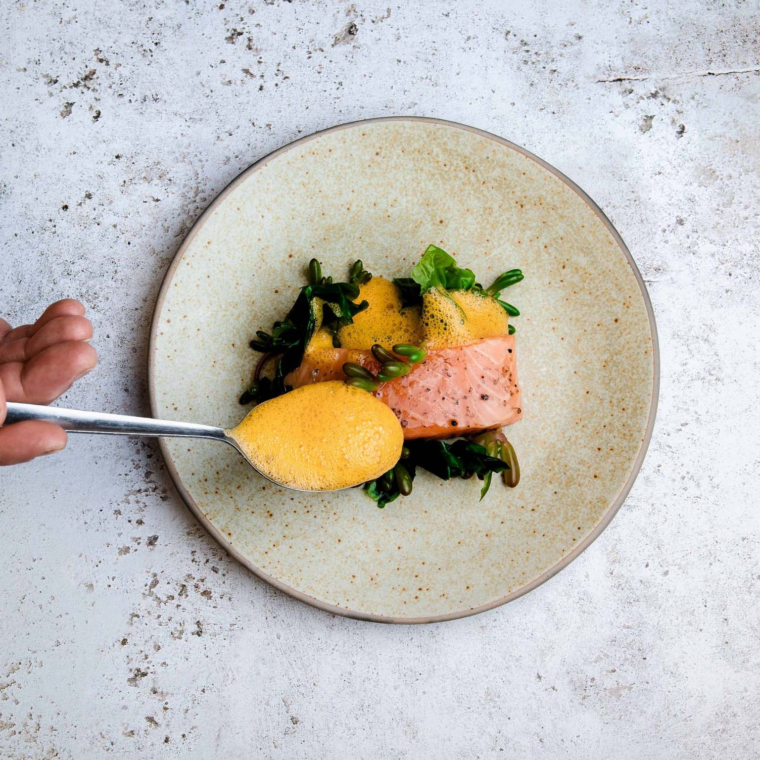 Your hotel in Neustift in Stubaital A spoon with foam sauce over a plate with salmon and green garnishes