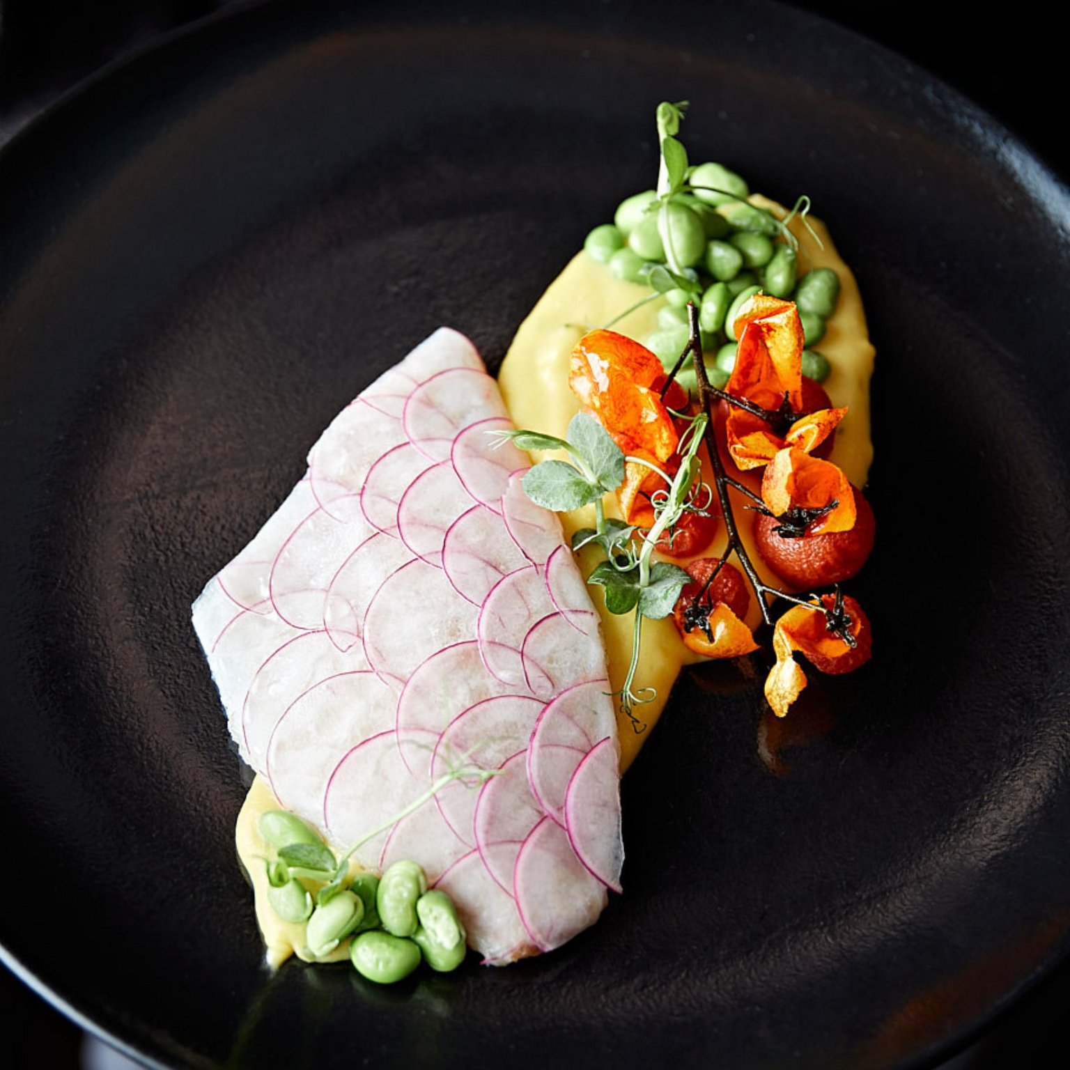 Hotel in Stubaital near Fulpmes Fine plated dish with thin radish slices, peas, and vegetables on black plate