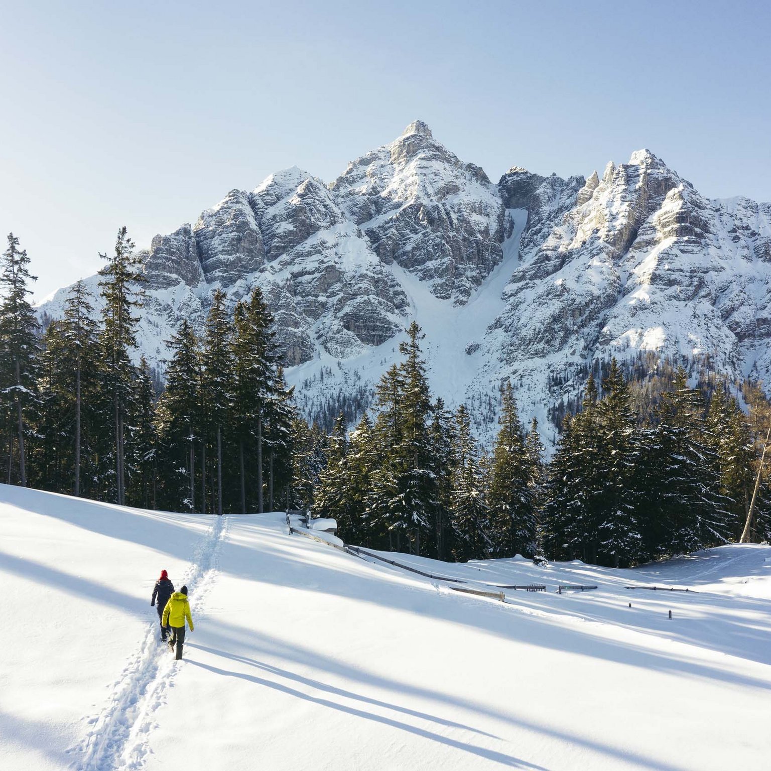Langlaufen im Stubaital und mehr Zwei Personen wandern durch verschneite Landschaft vor bewaldeten Bergen