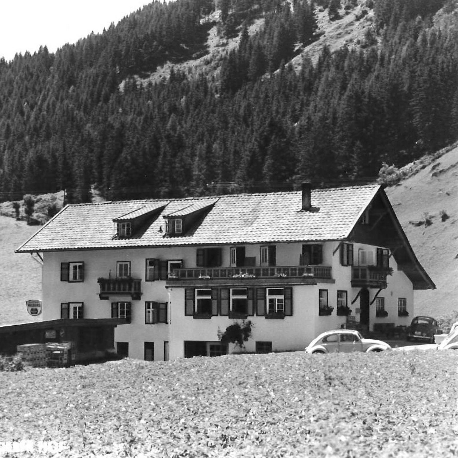 There are many hotels in Stubaital but only one Milderer Hof Old farmhouse with cars in front of forest and hills