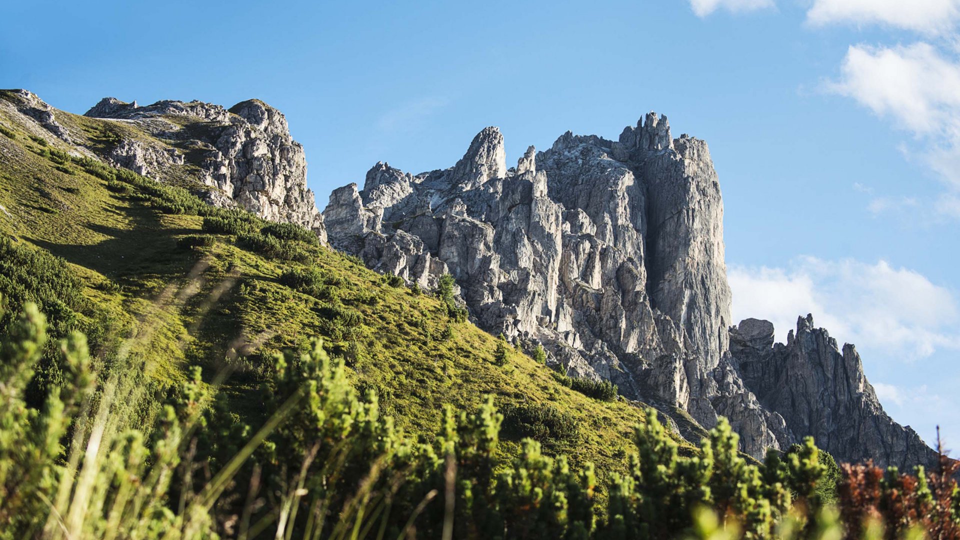 Stubaital: our hotel with a pool Green hills with sharp rocks under a blue sky